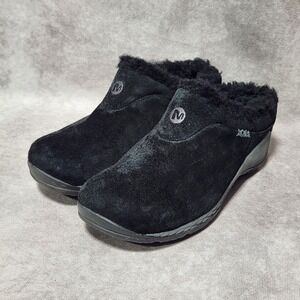 Merrell Encore Ice Womens Black Suede Faux Fur sherpa Lined Clogs sz 6.5 Slip-On